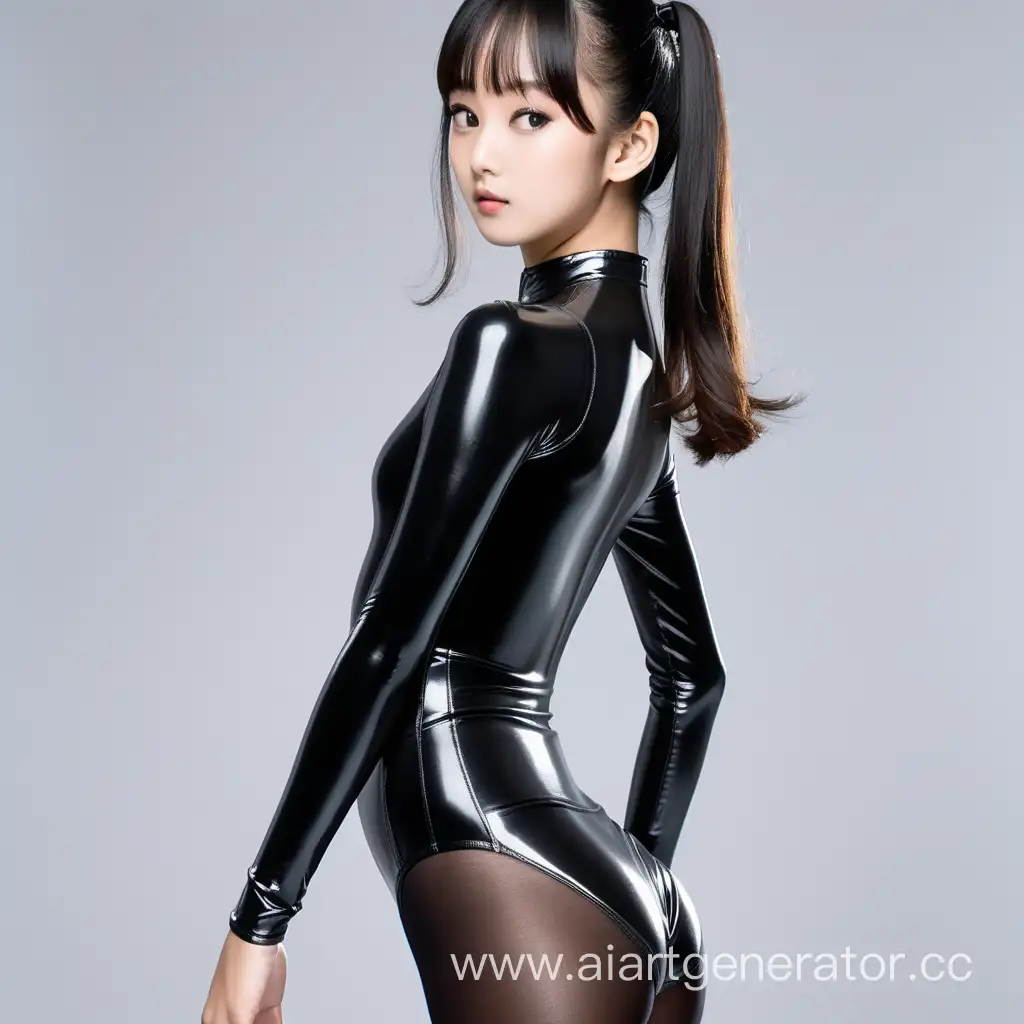 Asian women in shiny long sleeve black spandex leotard and black opaque spandex tights