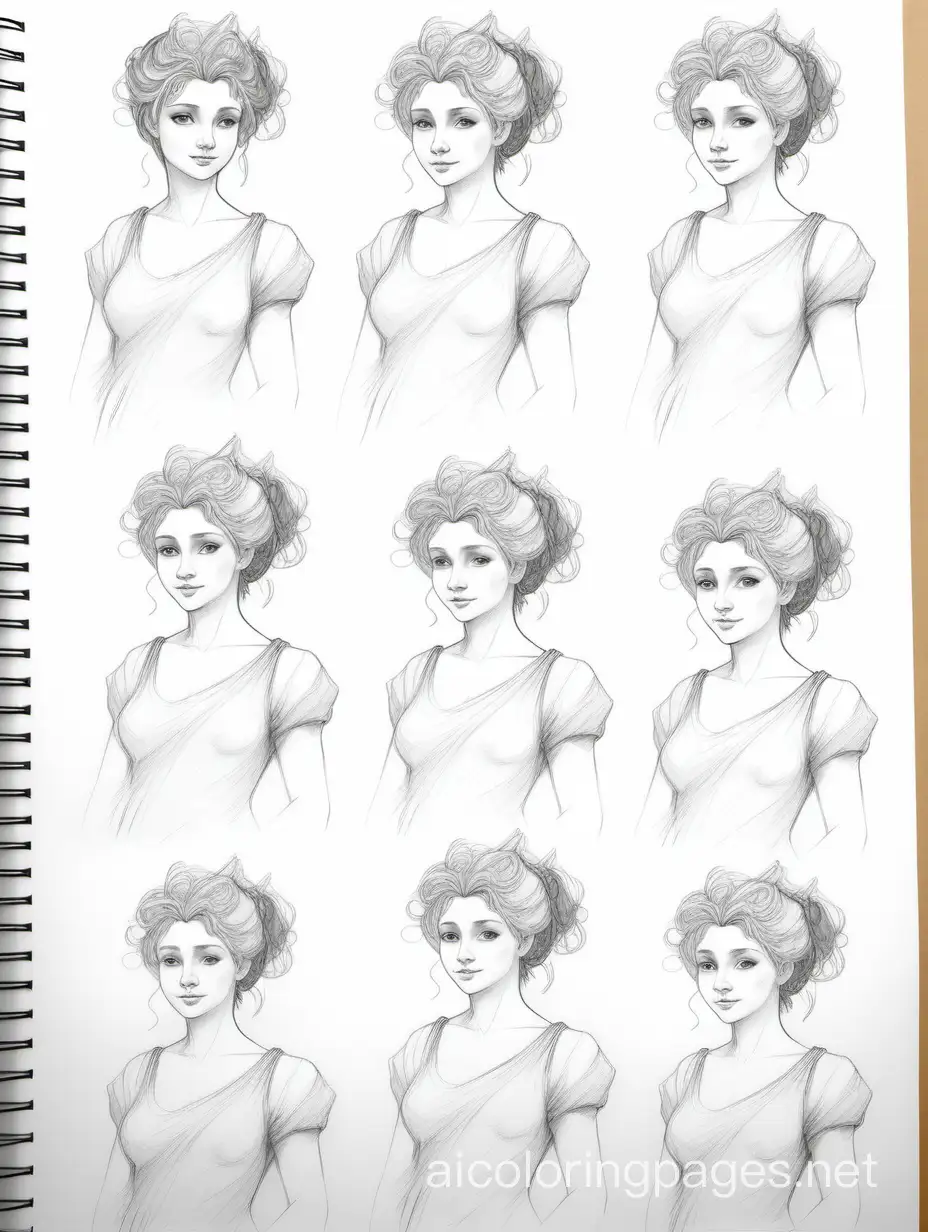 SOFT LIGHT HEART AND LINED PAPER, SKETCH, SKETCHY PENCIL DRAWINGS, WATERCOLOR, CHARACTER STUDY, HAIR UP AND DOWN, MULTIPLE POSES, FULL BODY, HALF BODY, QUARTER BODY, ARMS IN POSES, GODDESS BRITANNIA, ANNOTATIONS, Coloring Page, black and white, line art, white background, Simplicity, Ample White Space. The background of the coloring page is plain white to make it easy for young children to color within the lines. The outlines of all the subjects are easy to distinguish, making it simple for kids to color without too much difficulty