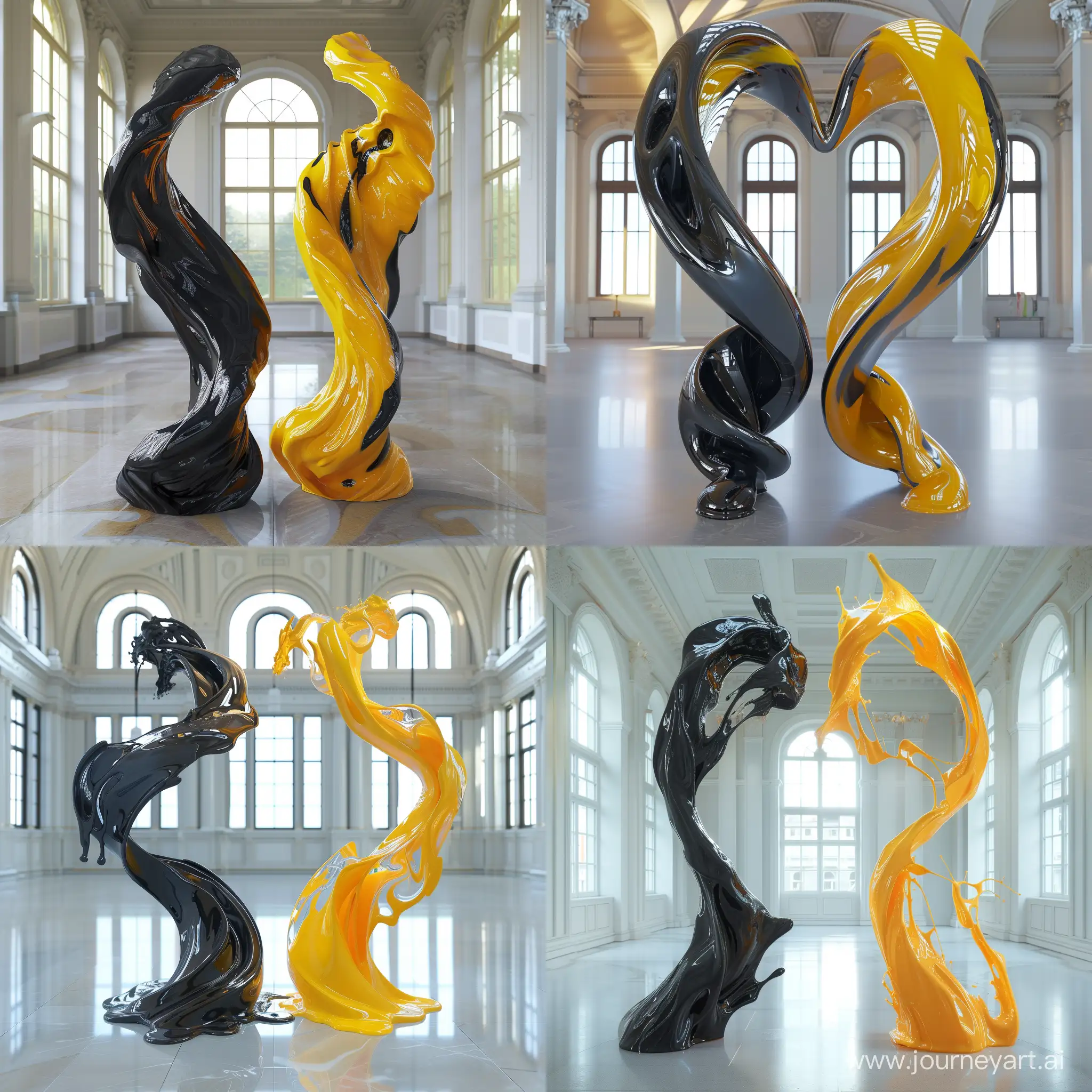 two abstract liquids of pitch black and sun yellow paint twisted with each other in a big museum hall with big windows, photo realistic, high resolution, unreal quality