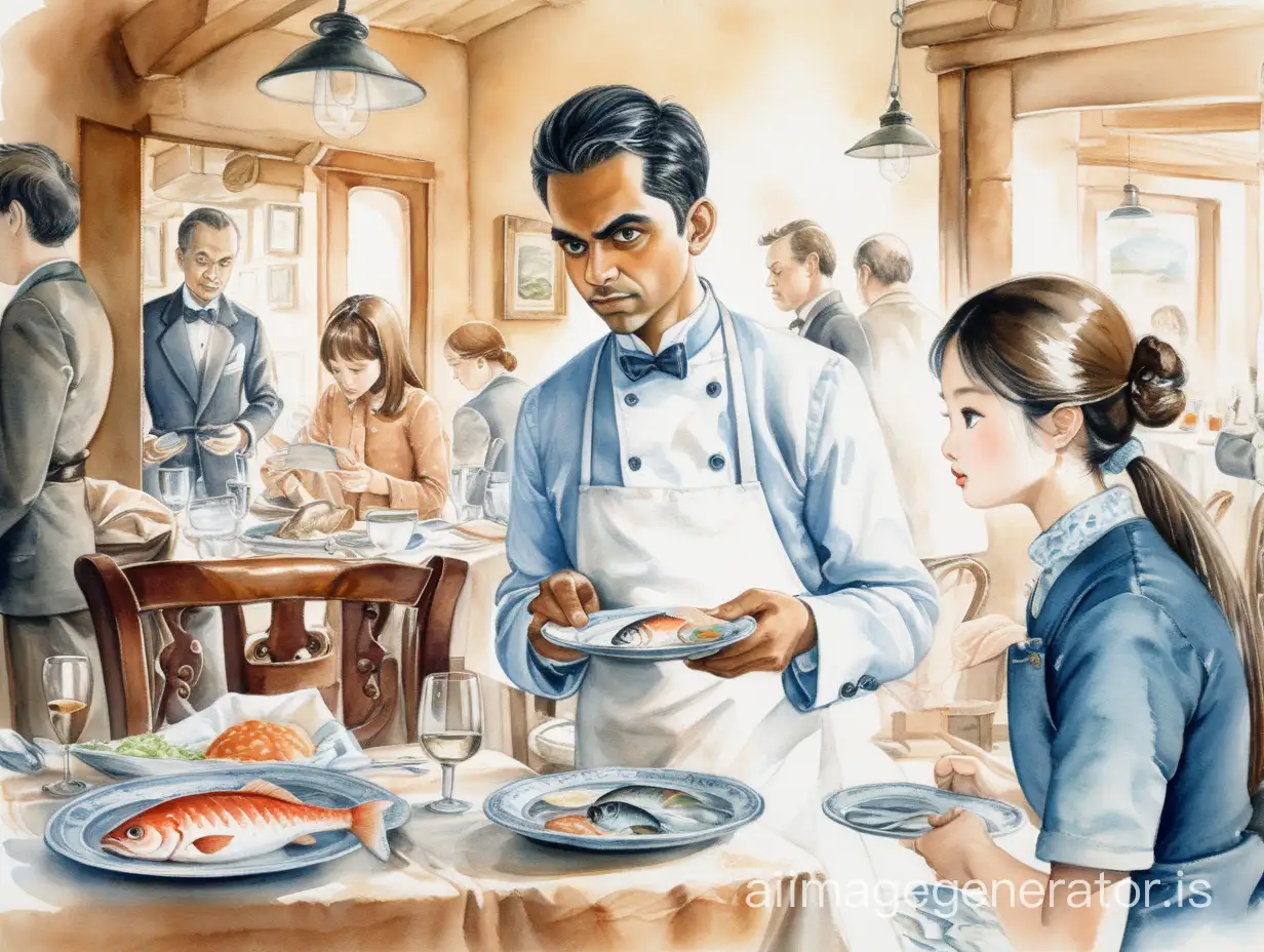 A restaurant scene, with a waiter holding a plate of fish and a customer's clothes marked with traces of fish soup. They both look unhappy. The image is rendered in a watercolor sketch style, reminiscent of the works of artists like Prafull Sawant, Ekaterina Zuzina, and Liu Yi. This style imparts a sense of fluidity and softness to the scene, complementing the natural elements depicted.
