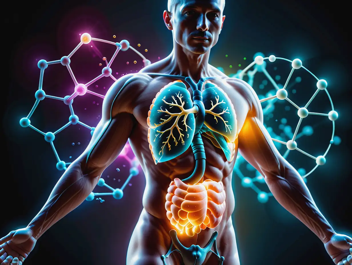 Create an image of a glowing human body with a focus on the liver, representing the potential therapeutic benefits of glutathione for detoxification and disease prevention. Include the molecular structure of glutathione in the background to emphasize its importance in protecting cells from oxidative stress.
