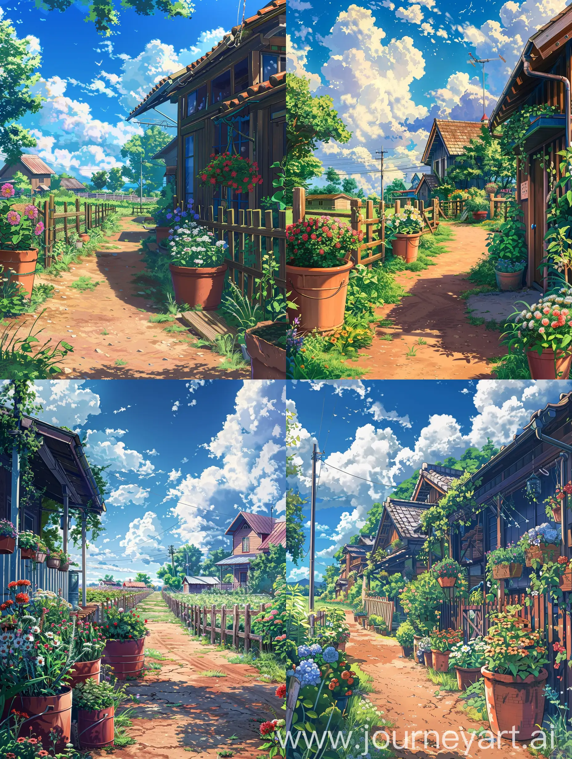 Beautiful anime style,Makato Shinkai style,a farm house front view view with high detailing,flower pots,plants pot,a farm can be seen on  the left side,beautiful days in summers,sky is beautiful,fluffy clouds,a  beautiful dirt path,beautiful fences covering the farm house,mix the scene with nature beauty.
