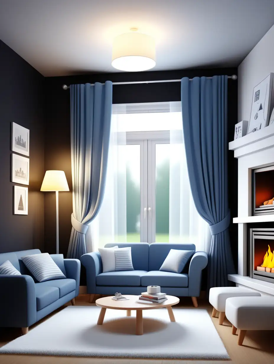 Timeless Cozy Home Illustration with Blue Sofa and Black Curtains