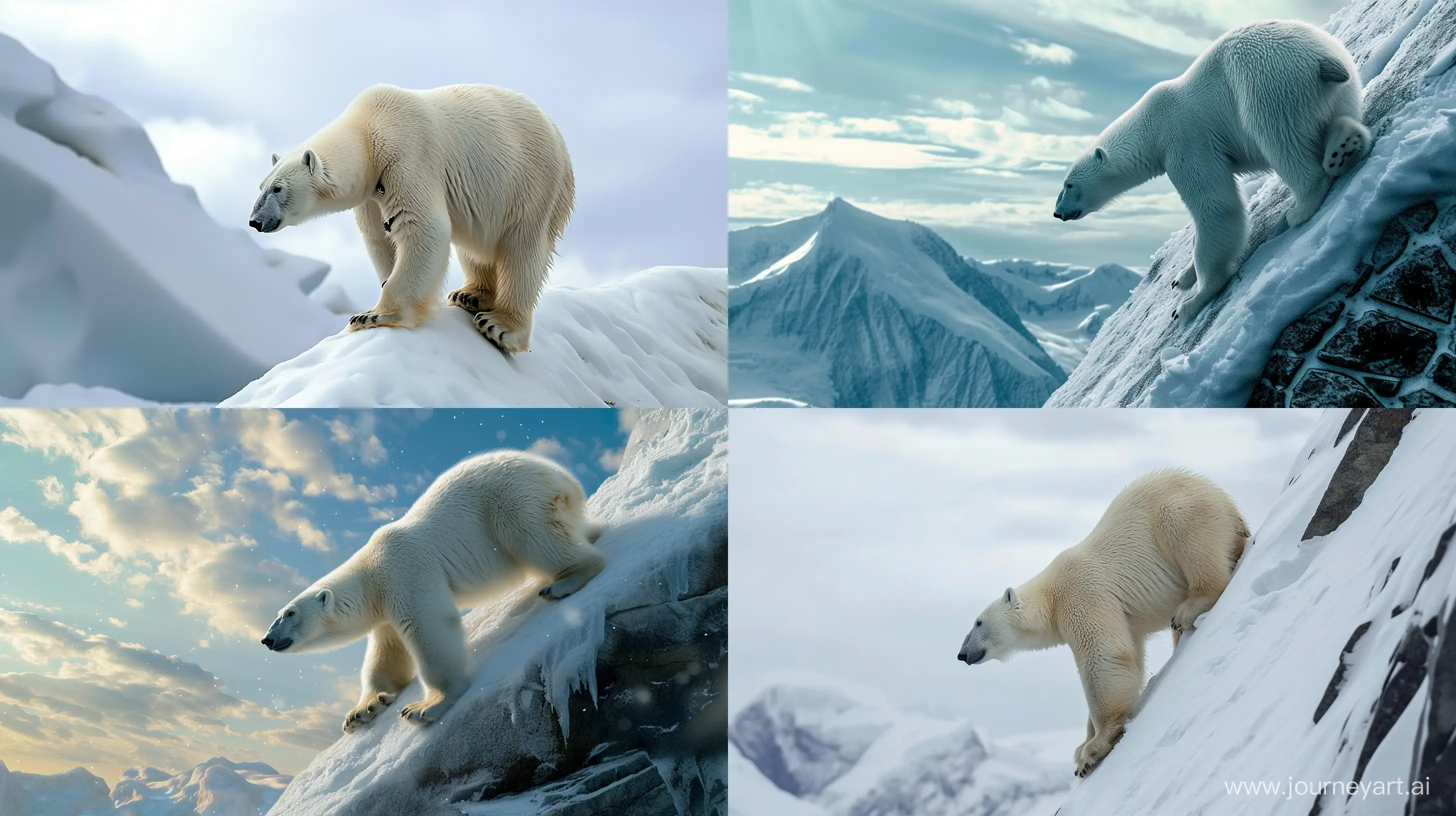 polar bear climbing a snow hill, snow mountains, cold, realistic, --ar 16:9