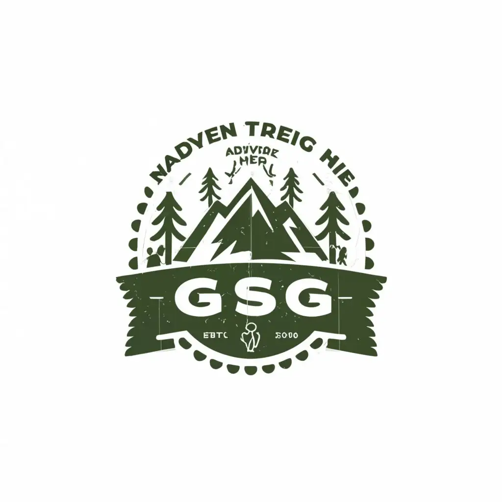 a logo design,with the text "GSG", main symbol:mountain, forest, adventure, hiking, people, roots,Moderate,clear background