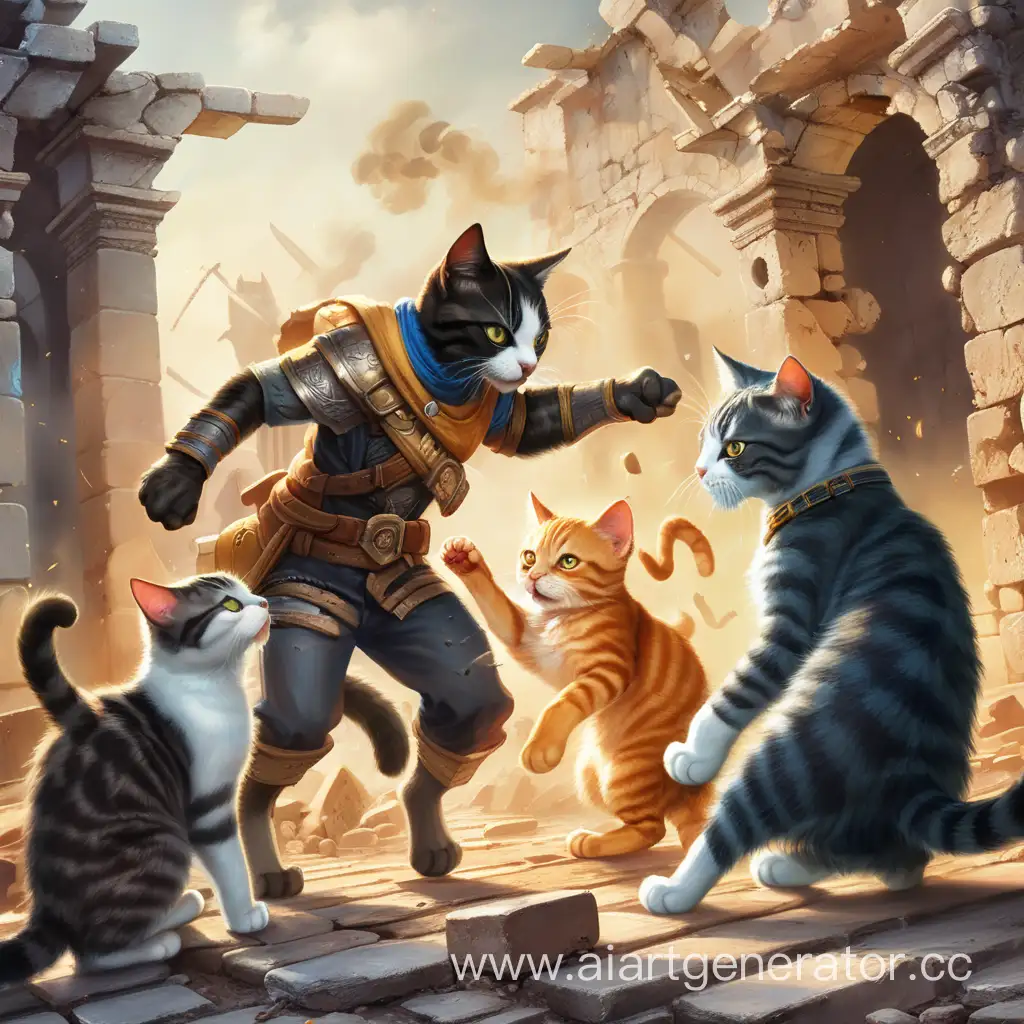 Multicolored-Cat-People-Engage-in-Furious-Battle-Amidst-Ruins