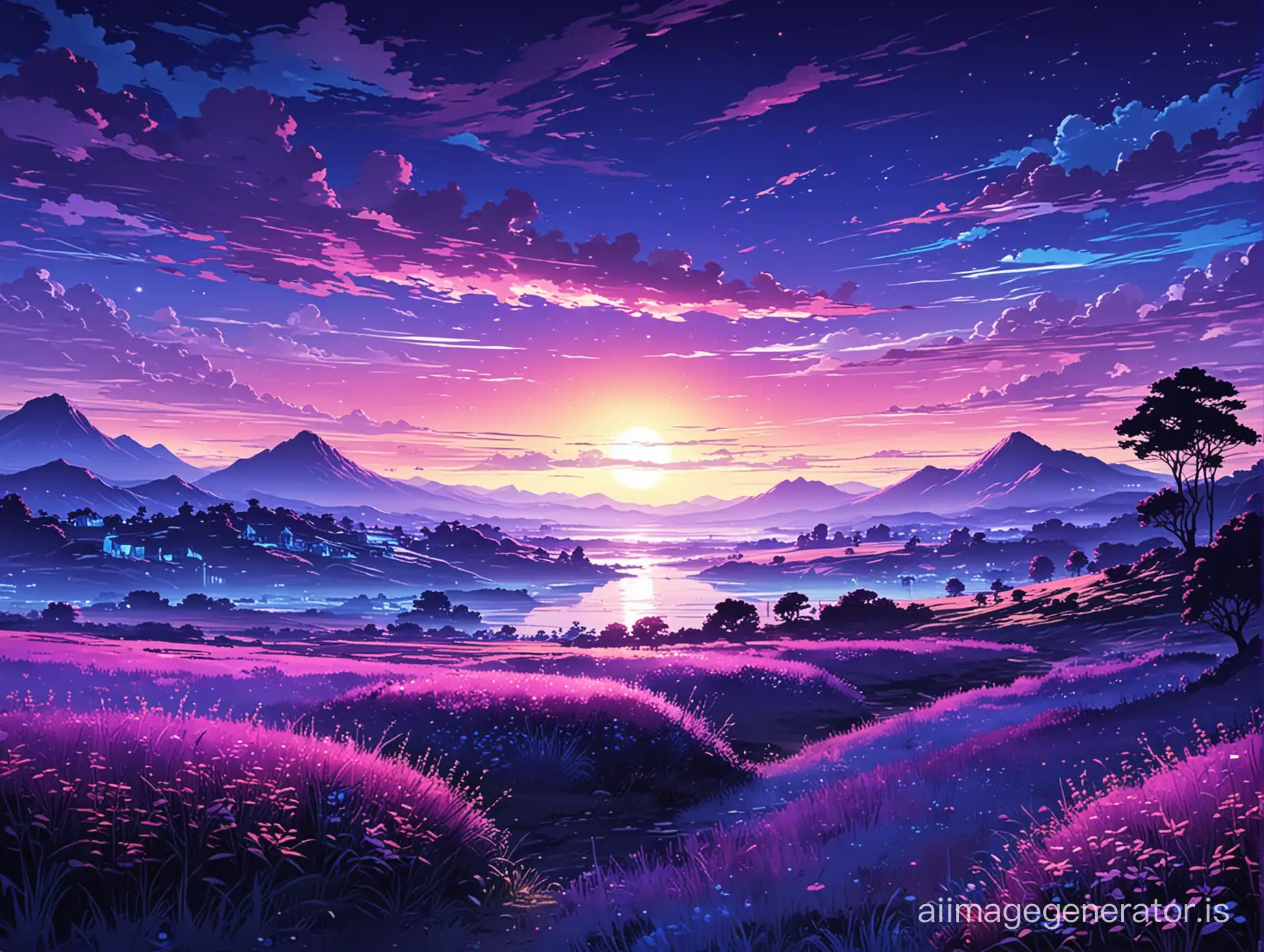 purple vibrant with blue color landscape anime evening