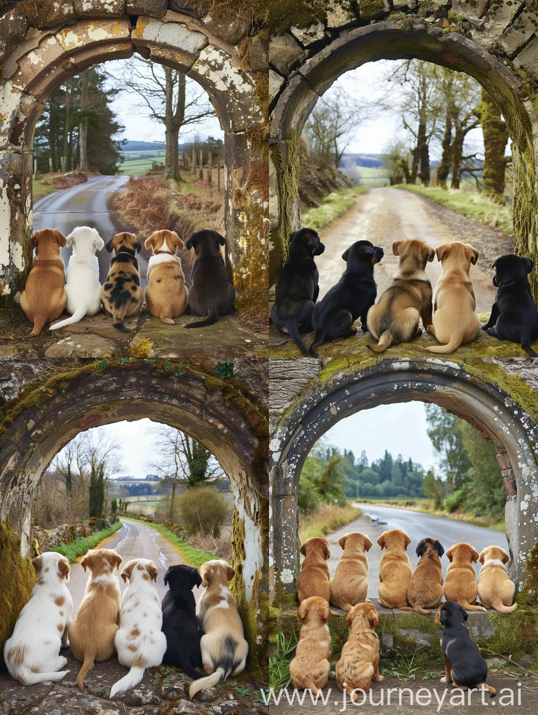 Back view of six puppies sitting against an old, mossy arched stone wall background with country road and trees visible, illustration landscape