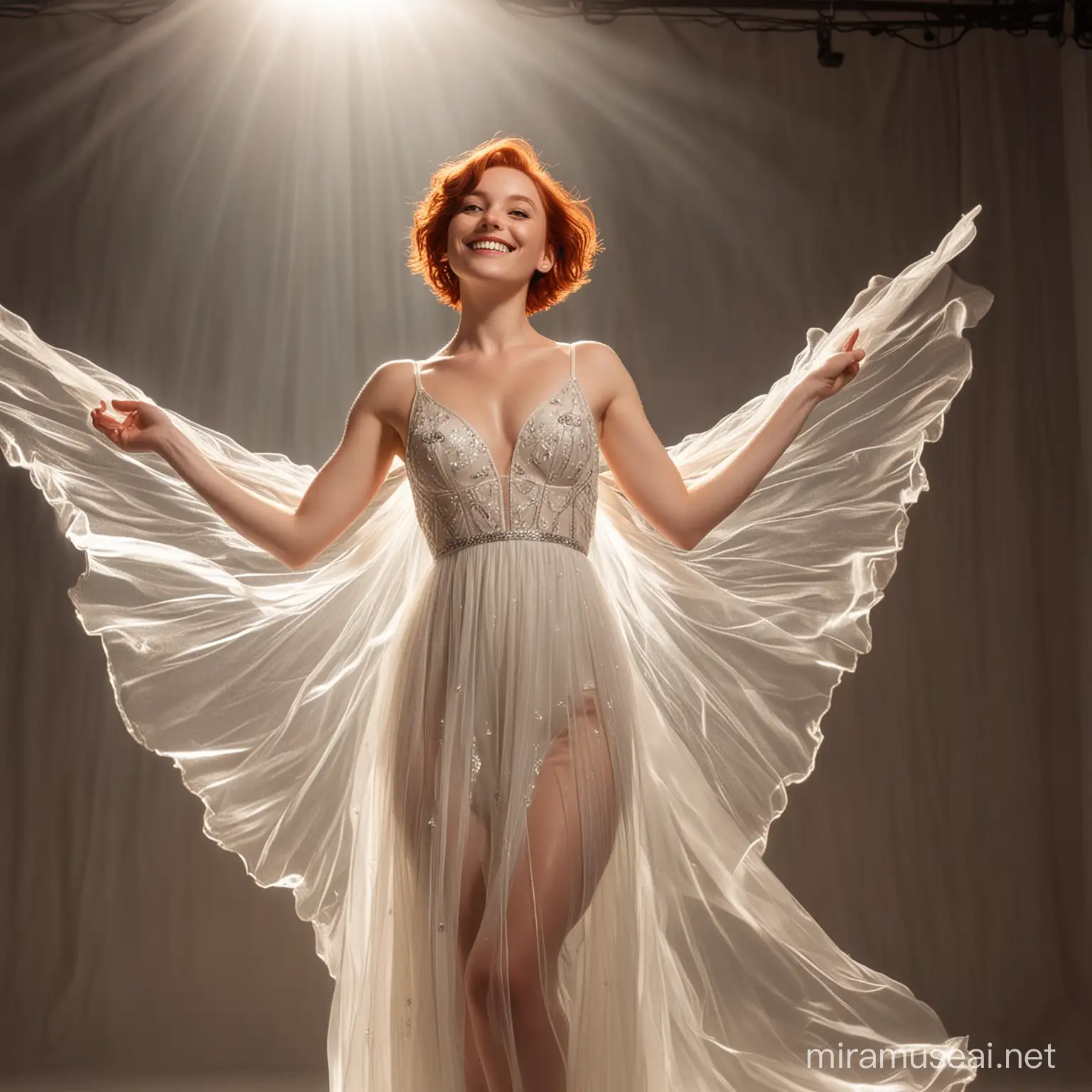 Radiant Woman with Angelic Wings in Translucent Gown at Dusk