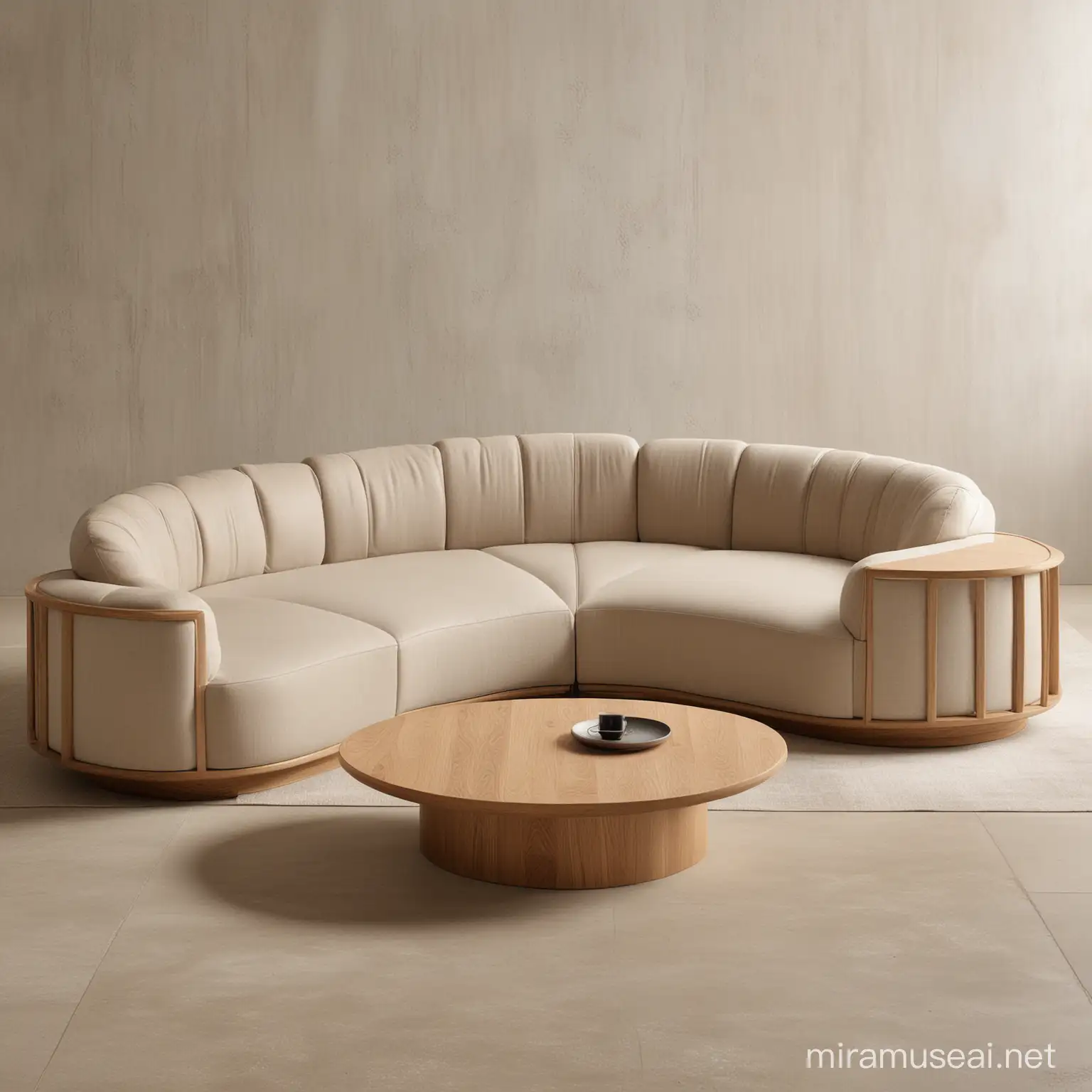 Modern LowBacked Seating Group with Geometric Lines in Textured Oak and Linen Fabric