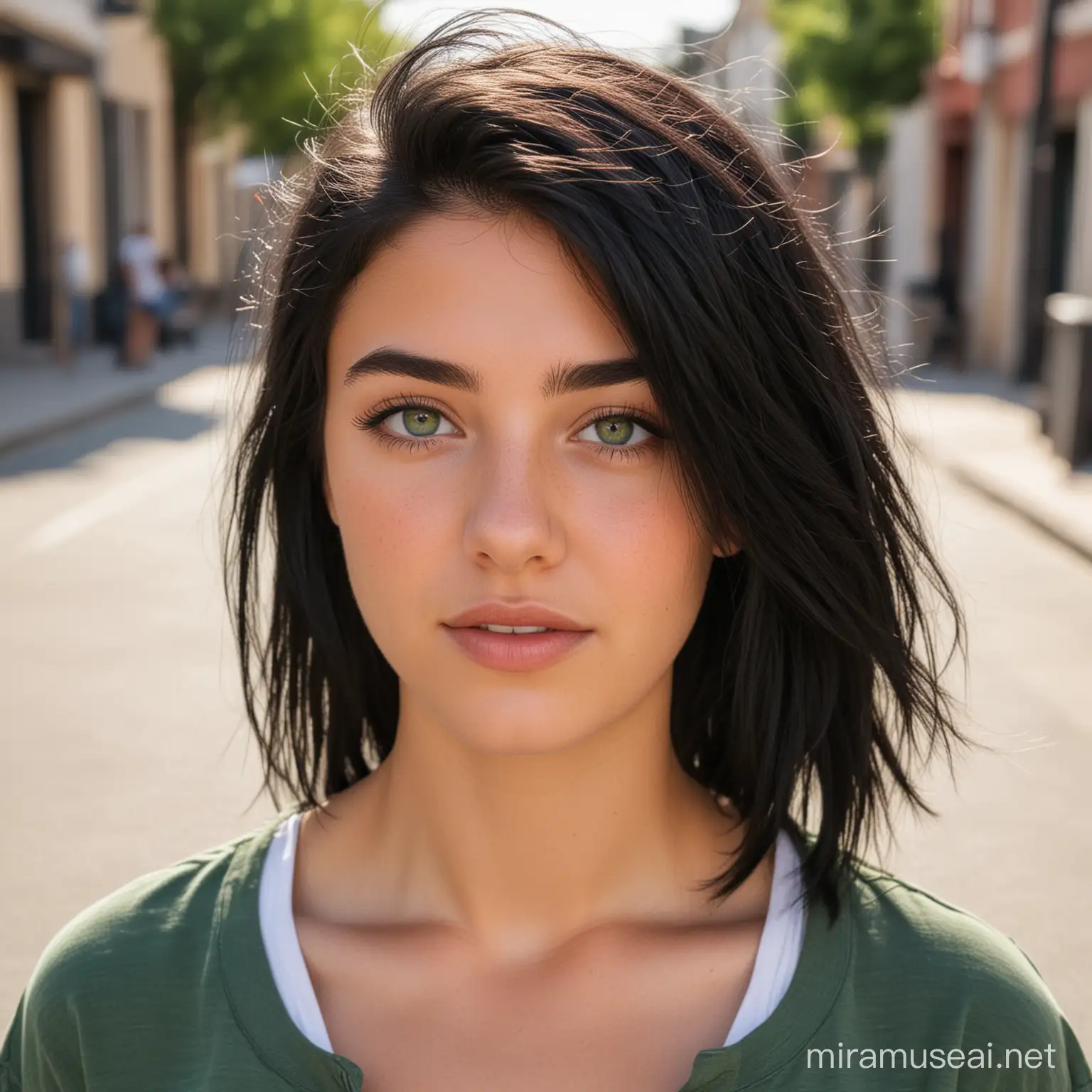 a 20-year-old white woman with a cute face, with green eyes and black hair, on the street in summer clothes
