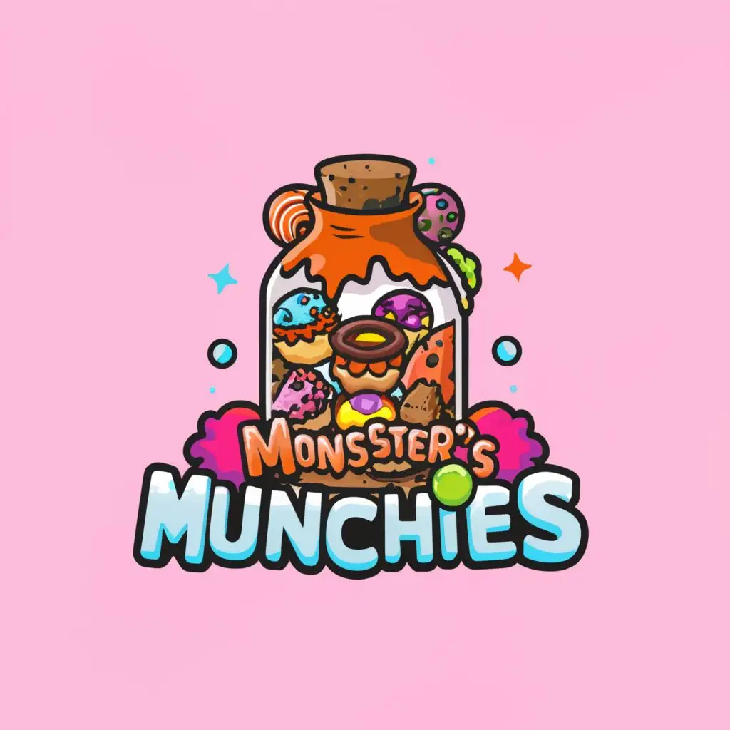 a logo design,with the text "Monsster's Munchiess", main symbol:Illustrate a large glass jar overflowing with treats like cookies, brownies, and candy. The name "Monsster's Munchiess" curves playfully around the jar in a fun colorful font and a black background.,Moderate,be used in Restaurant industry,clear background