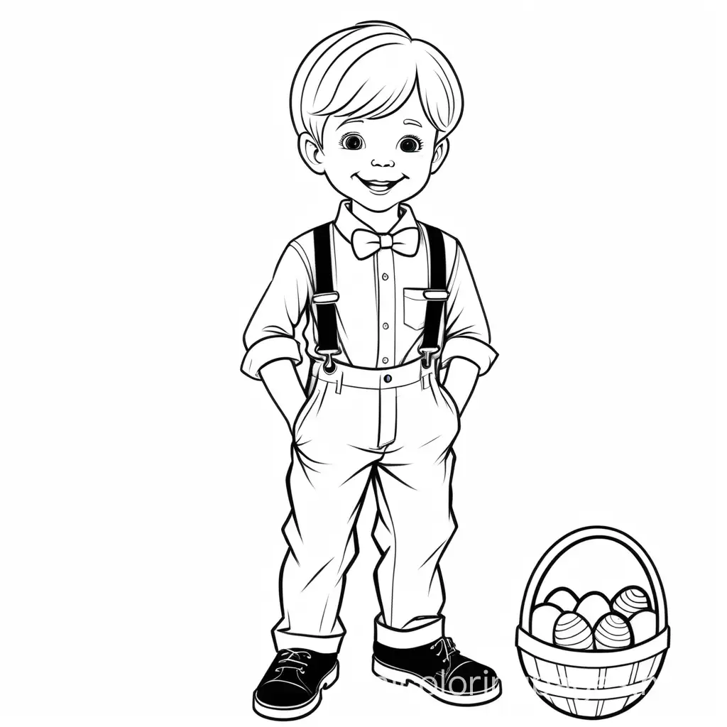 black lines, white background, a beautiful, well dressed, white pants  top and white shoes, and white suspenders, blond, happy little boy is on an Easter egg hunt., Coloring Page, black and white, line art, white background, Simplicity, Ample White Space. The background of the coloring page is plain white to make it easy for young children to color within the lines. The outlines of all the subjects are easy to distinguish, making it simple for kids to color without too much difficulty
