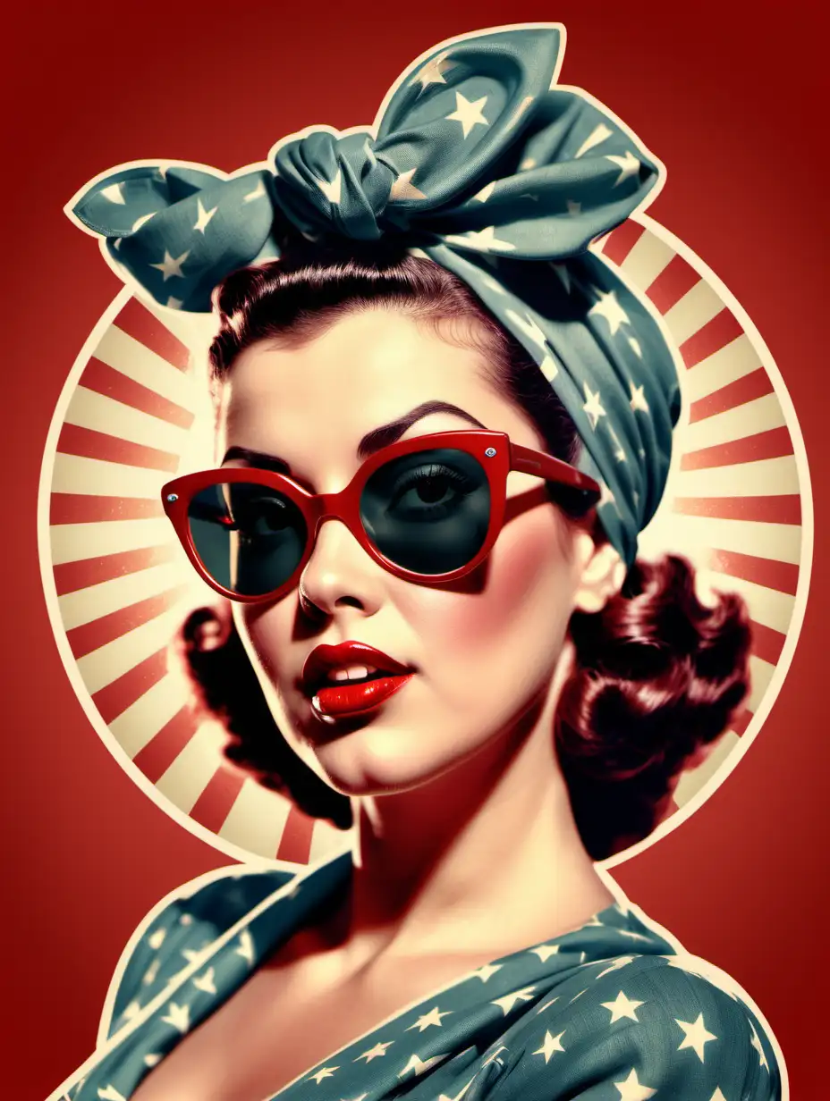 Woman with flare and a determined look, in a sassy pose, red glossy lips, big dark sunglasses and a head scarf Hollywood style. Hollywood Pinup style of the 1940's. vintage. circle behind the womans head. illustration