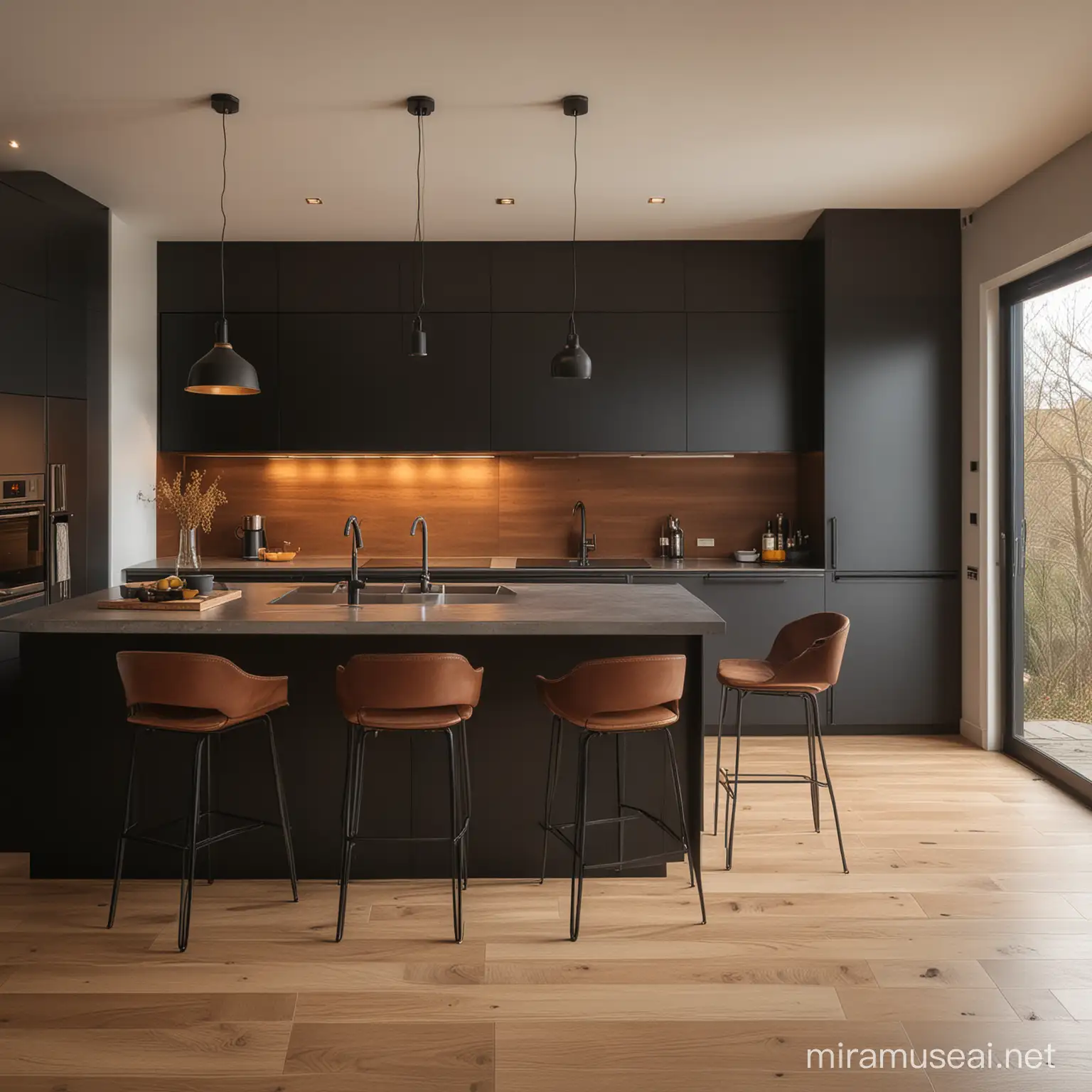 Modern Kitchen Interior with Warm Lighting in Black Brown and Grey Tones