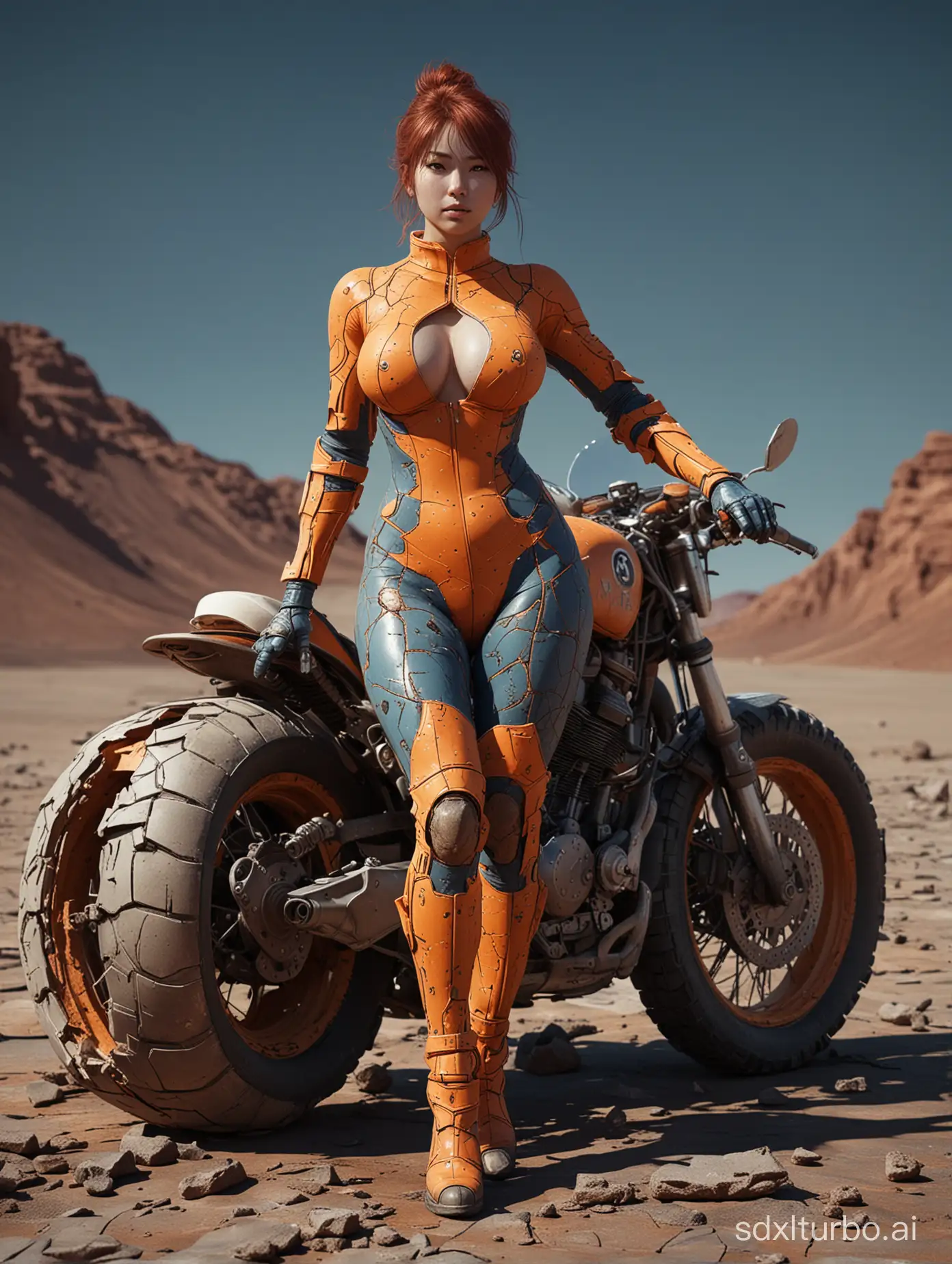 Fukada Kyoko，motorcycle on the mars，((full body, huge round ass)), Sailor dress, huge breast, a photo of a woman on a cracked surface, inspired by Alberto Seveso, featured on zbrush central, orange fire/blue ice duality!, portrait of an android, fractal human silhouette, red realistic 3 d render, blue and orange, subject made of cracked clay, woman, made of lava