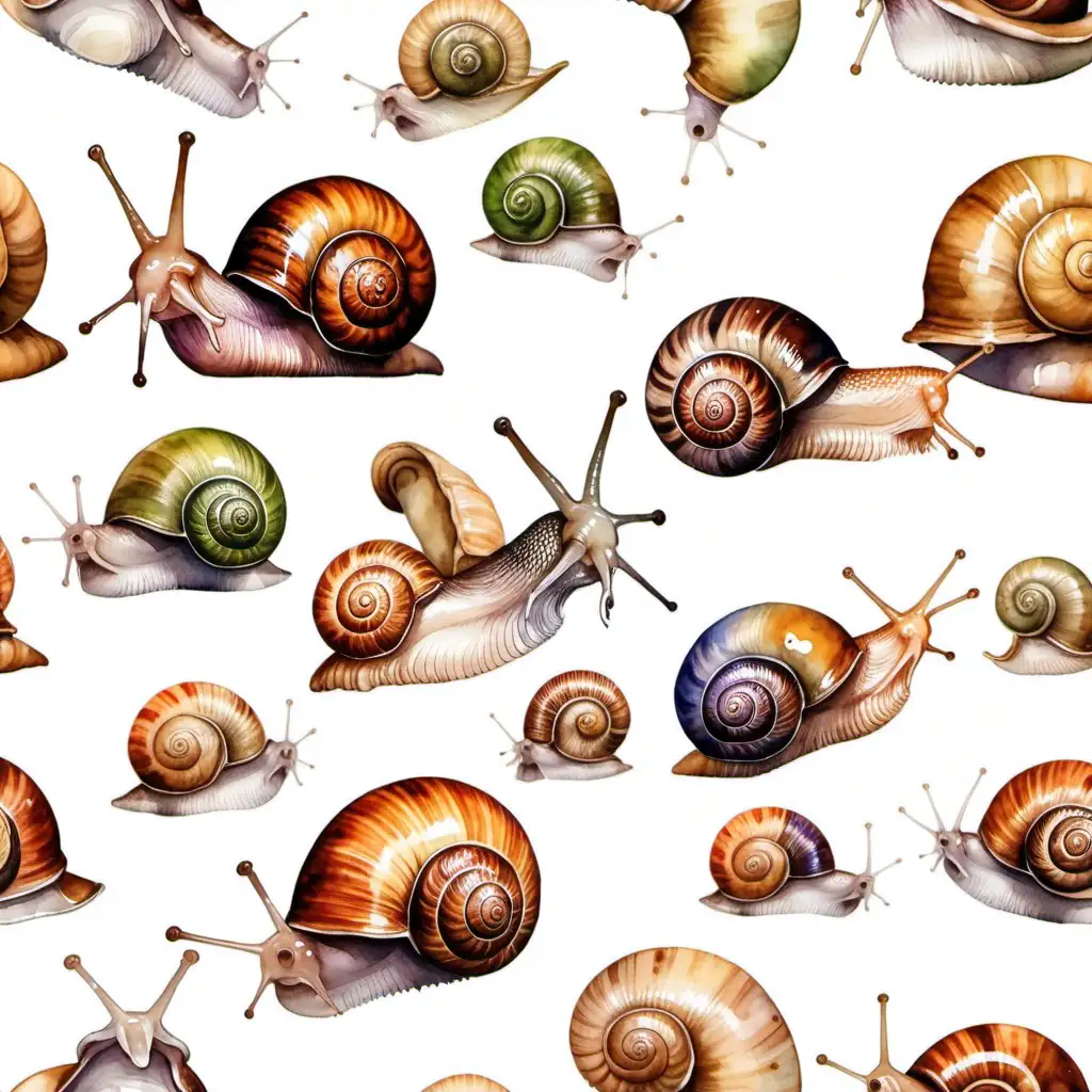 Enchanting Watercolor Painting Whimsical Snails in a Tranquil Background