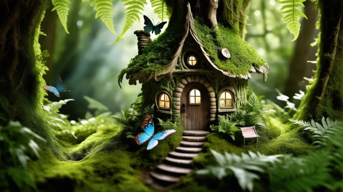 Capture the mystical allure of a hidden realm nestled amidst nature's embrace. Frame your shot through the lush foliage of verdant ferns, guiding the viewer's gaze towards a captivating sight—a whimsical fairy house delicately woven into the ancient bark of a towering tree. Embrace the play of light and shadow, allowing dappled sunlight to dance upon the moss-covered roof of the miniature abode. Let the natural elements converge to evoke a sense of wonder and magic, inviting observers to peer into a world where imagination thrives and the ordinary transcends into the extraordinary. This photograph should beckon viewers into a realm where the charm of the fairy-tale meets the serene beauty of the woodland sanctuary, colorful butterflies.