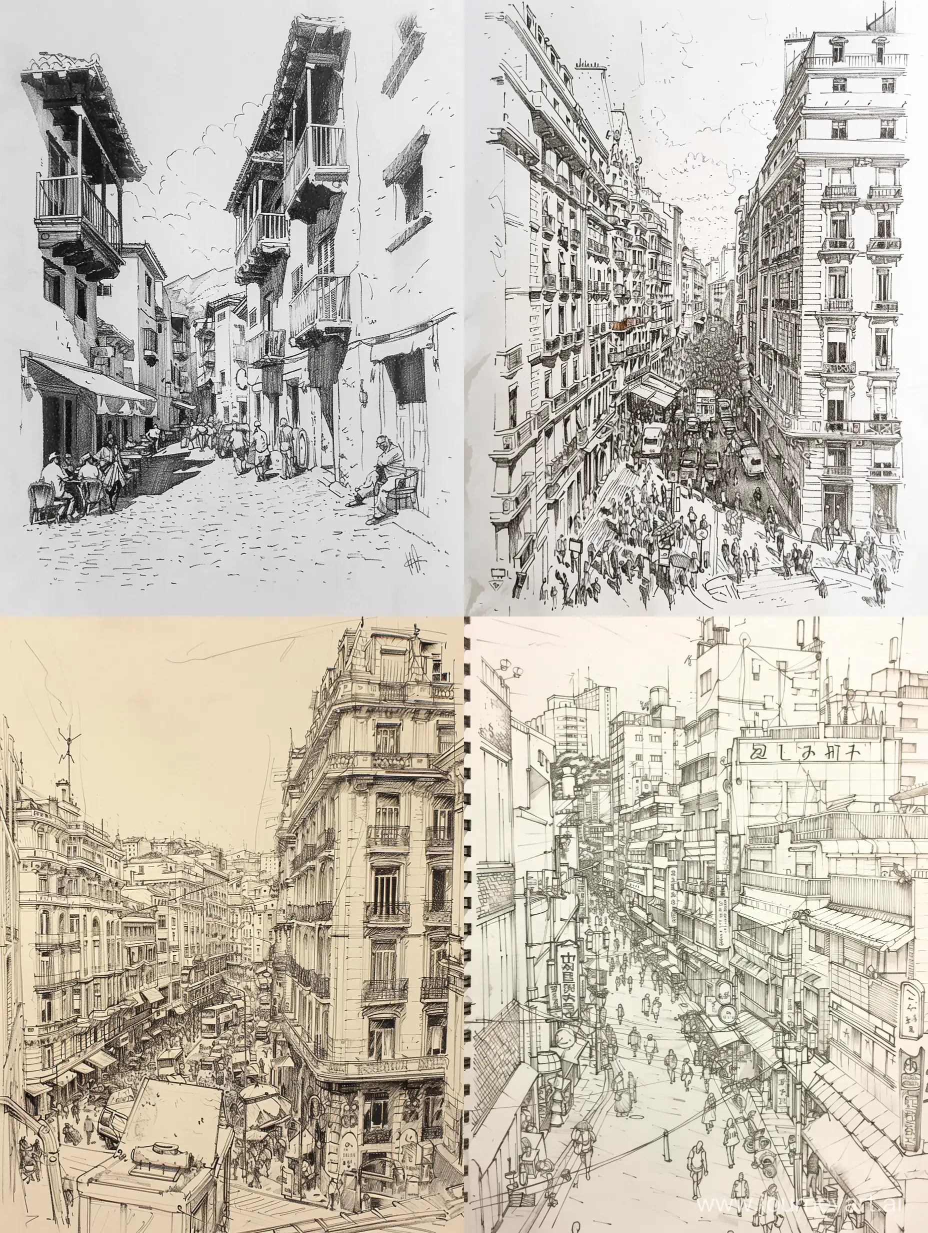 Drawing some buildings by the crowded street with rapid that fills the entire page and is easy to draw over