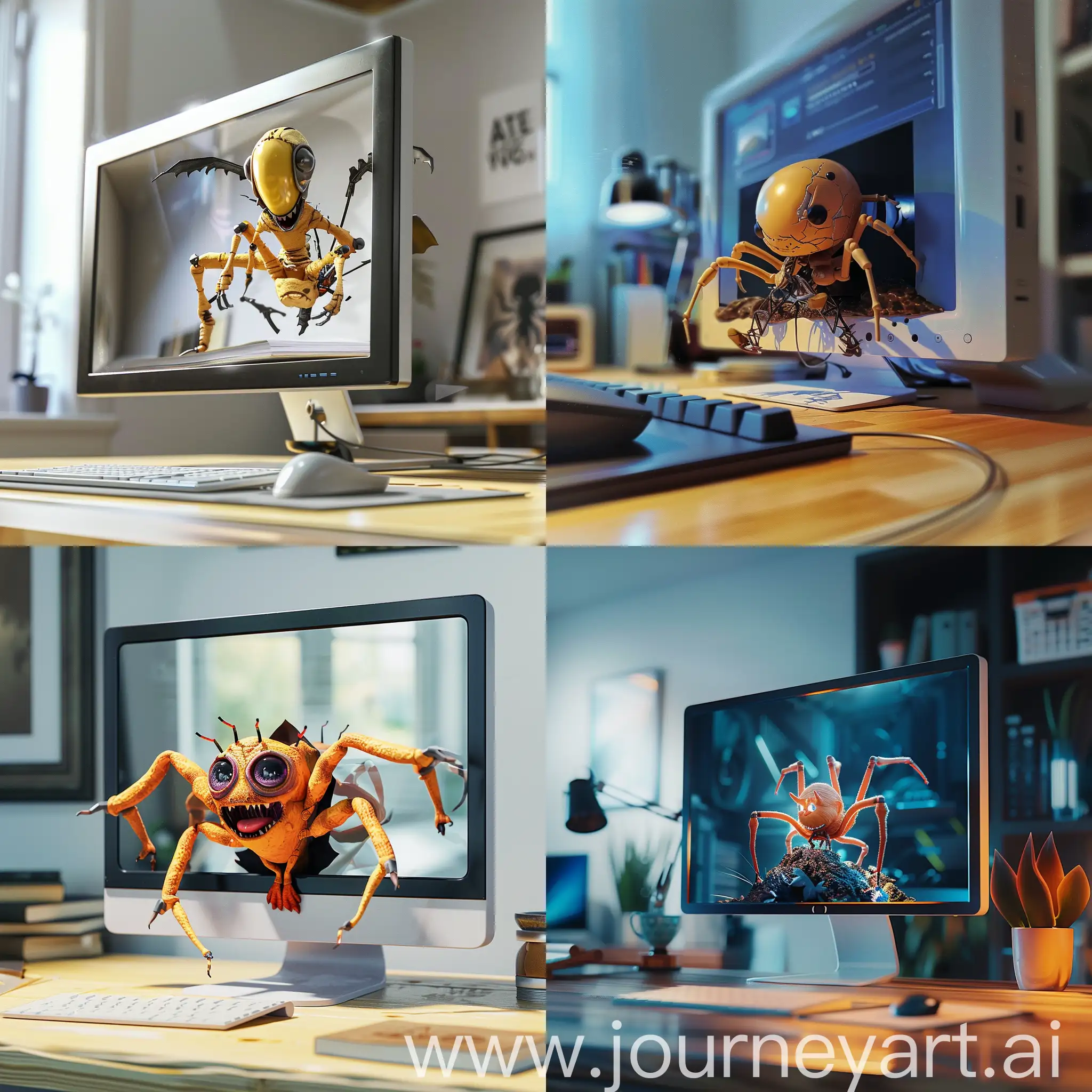 Computer-Game-Character-Emerges-from-Screen-onto-Desk
