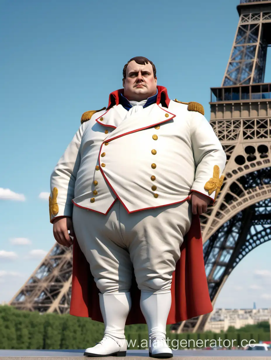 Нарисуй реалистичного человека: жирного Наполеона в полный рост, в крупном плане, на фоне эйфеливой башни. Также обязательно чтобы он стоял прямо смотря вперед