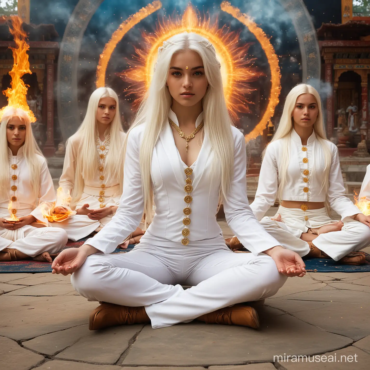 Teenage Goddess in White Suit Amid Cosmic Energy and Monastery