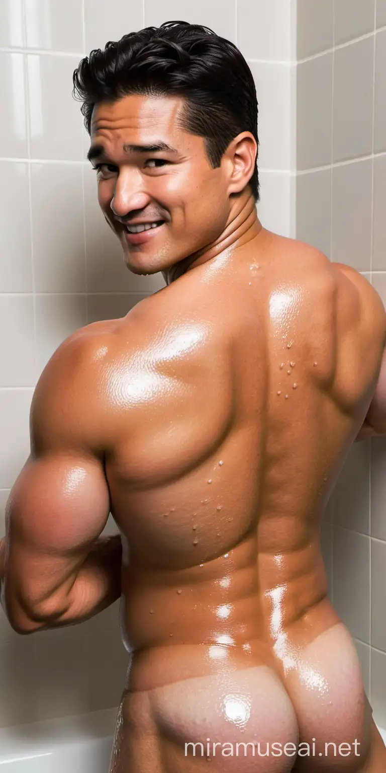 Mario Lopez takes a shower, backside exposed