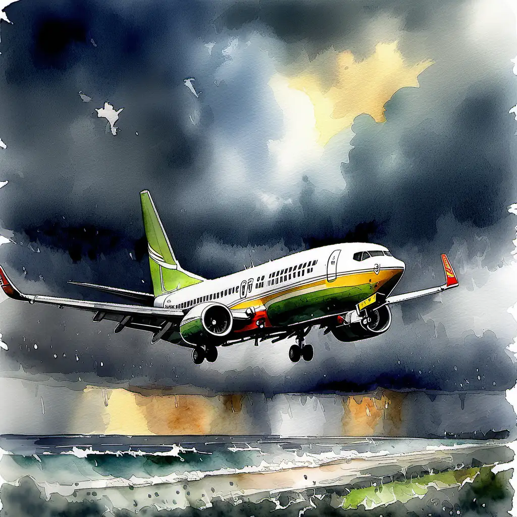 Boeing 737 Landing in Stormy Sky Watercolor Art