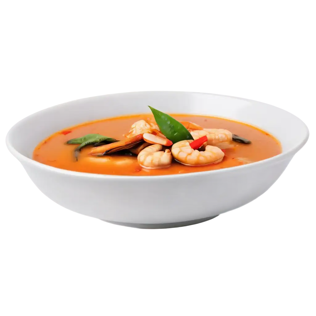 a plate of tom yum soup photographed from the side, realistic photo