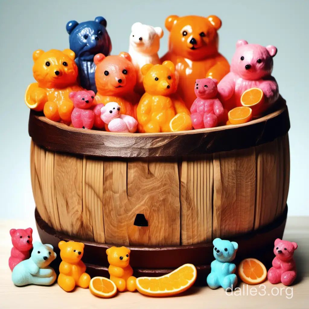 Delicious Marmalade Animals and Fruits in Wooden Barrel | Dalle3 AI