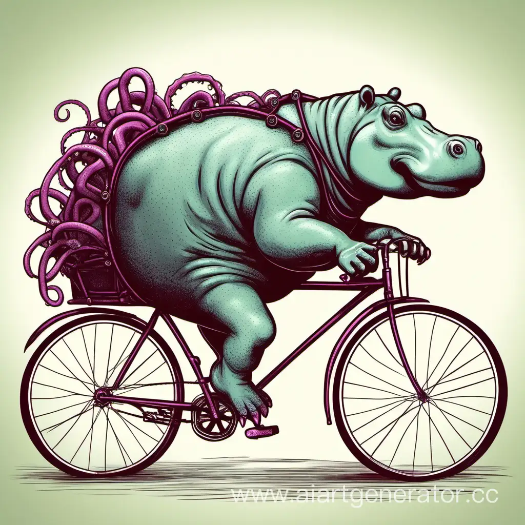 Unusual-Bicycle-Ride-Hippopotamus-with-Tentacles