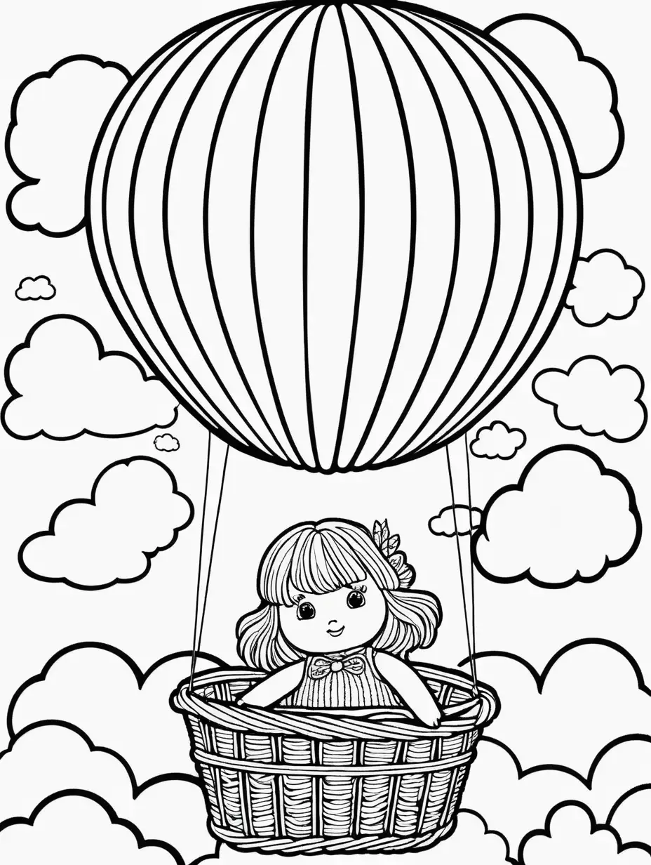 Waldorf Doll Soaring Above Clouds in Balloon Coloring Page for Kids