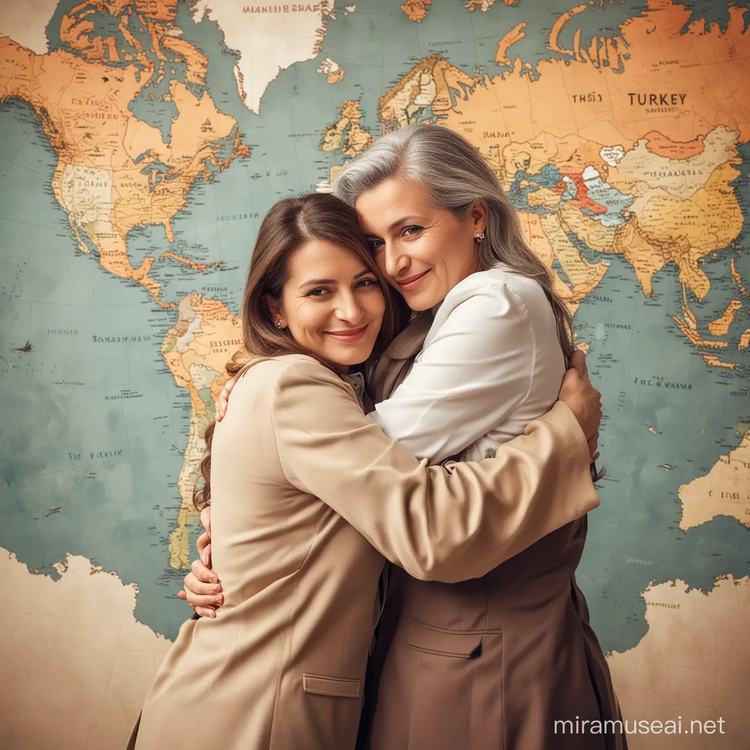 Three politician woman hugging to world map. Like she is the mother of Turkey. She is looking friendly and protectionist. Her clothes are formal. 