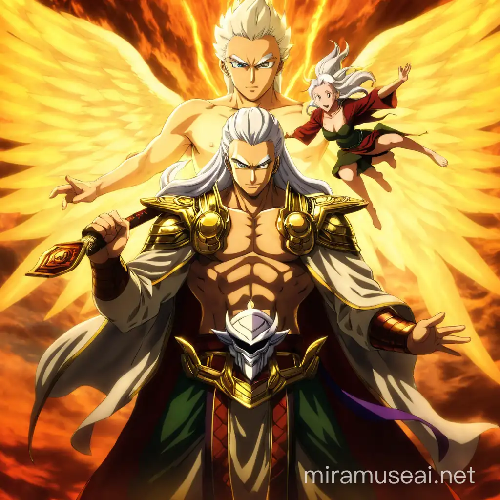 Mirajane Strauss in angel form emerges from the aura of the young male warrior in the foreground holding a Tetsubō