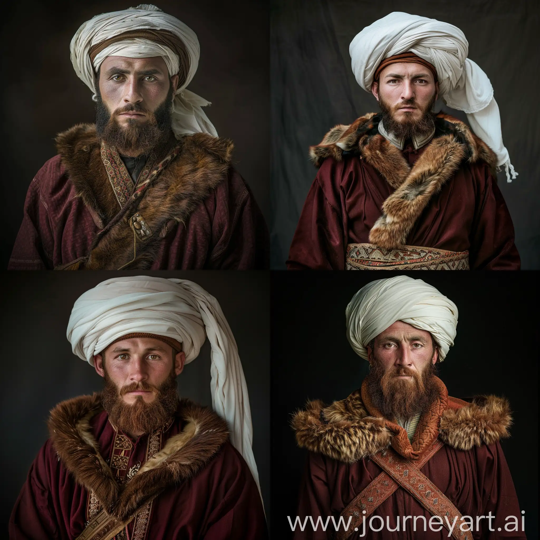 Portrait of 30 years old Pashtun warrior chief with traditional Afghan attire, full body front pose, wearing dark red garment with brown fur collars, brown average beard, curved Pashtun nose, pale skin, white turban and rest of turban hanging , glorious, charismatic leader, cinematic lighting