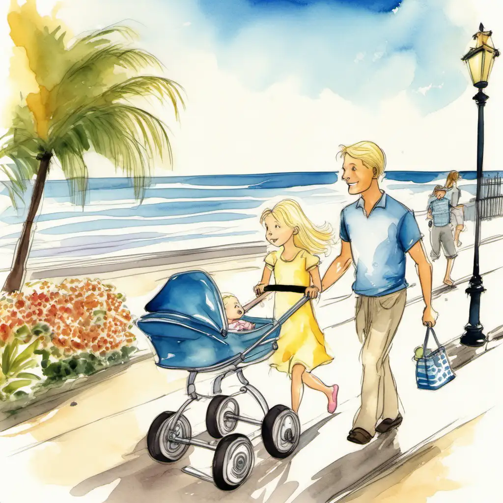 Children’s book, water color illustration, blonde mom and dad pushing stroller carriage on the sidewalk by the beach