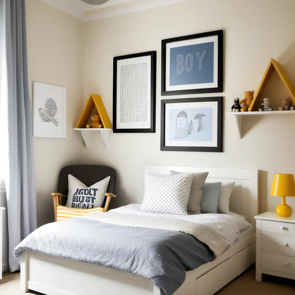 Young boys room, calming, cosy, bright and airy, horizontal picture frame on wall