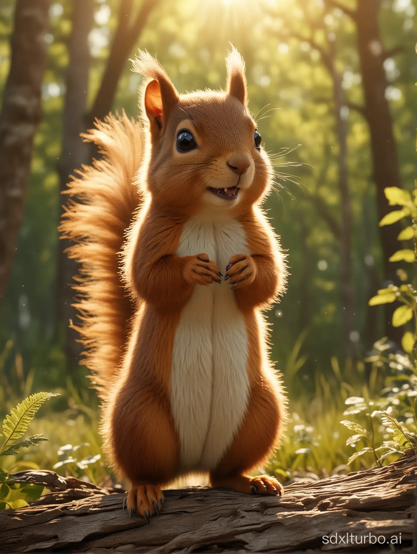 3D rendering, summer, a squirrel standing in the forest, brown fur, tears in its eyes, looking pitifully, (prairie background), small body, dappled sunlight, cinematic effects, adding details,