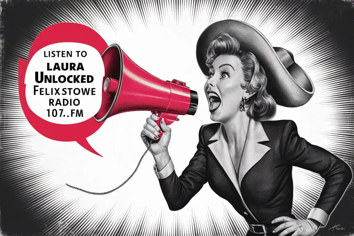 Vintage Woman Shouting into Red Megaphone Listen to Laura Unlocked on Felixstowe Radio 1075fm
