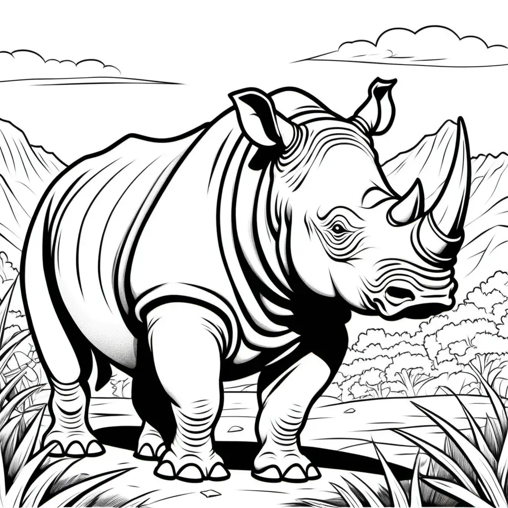 image a coloring page kids ages 8-12 of a Rhinoceros,  cartoon style, thick bold lines, low detail. no shading --ar 9:11