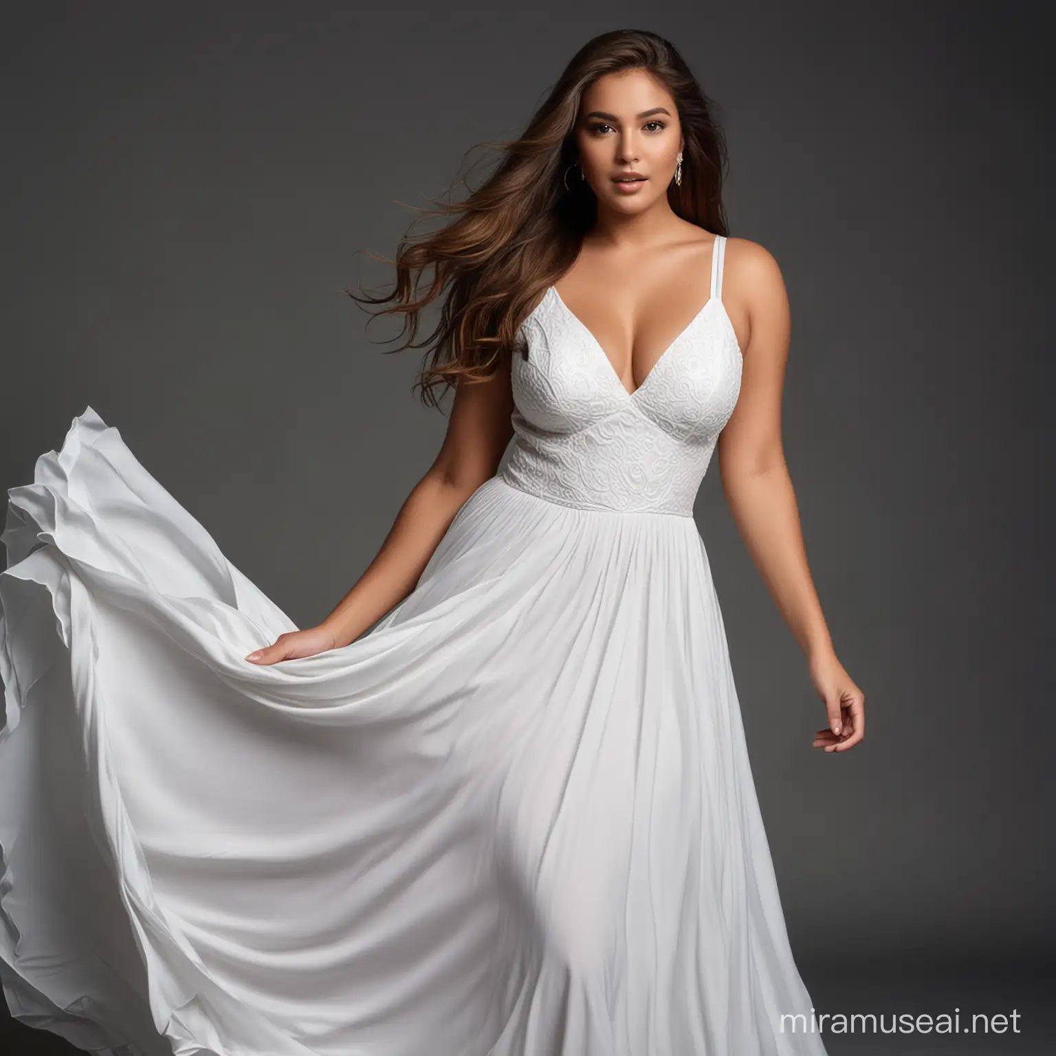 Stylish Plus Size Model in Luxury White Dress Dancing Studio Vogue Photoshoot