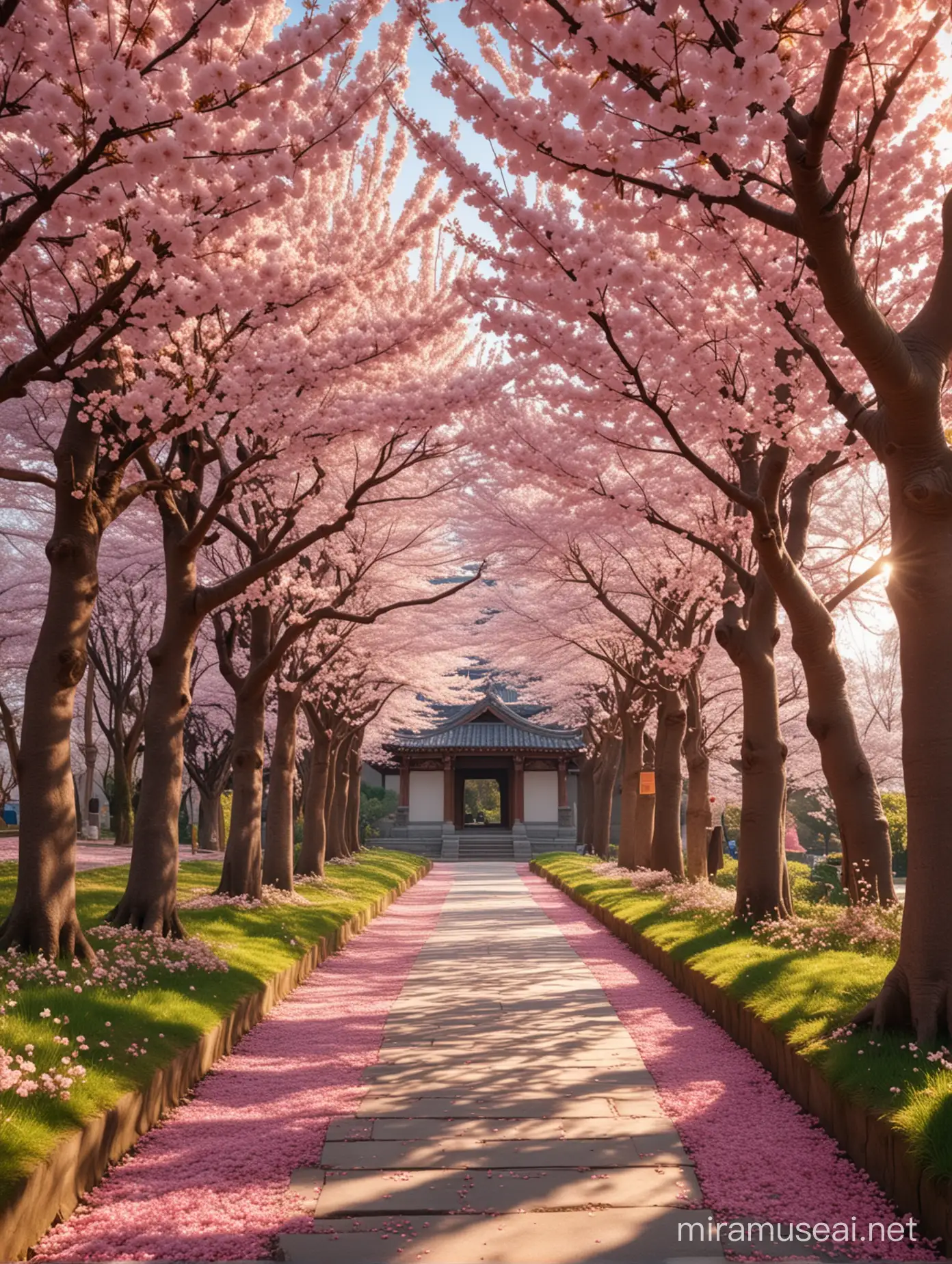 Tranquil Temple Trail with Cherry Blossom Canopy