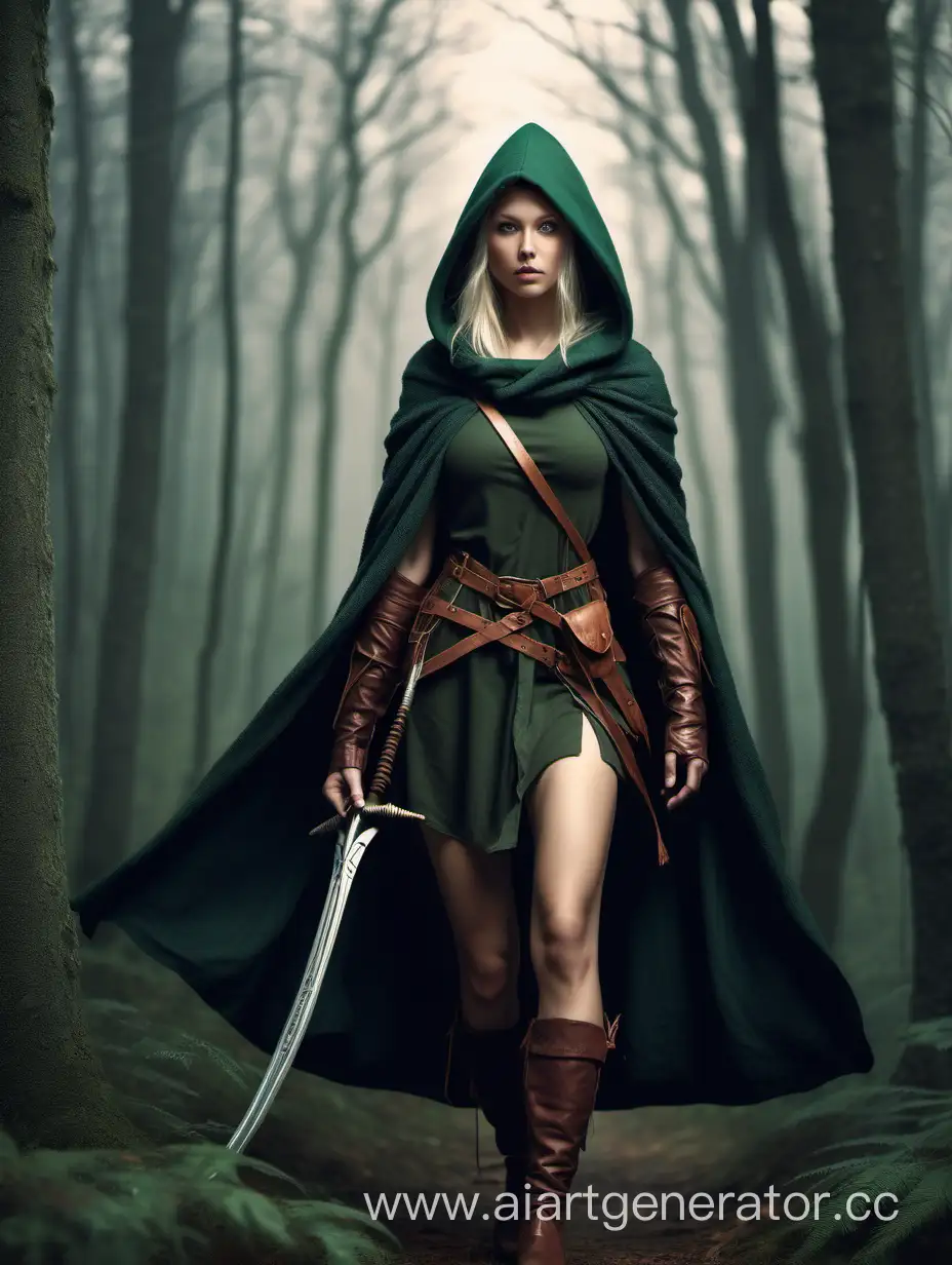 Picture a Nordic warrior princess with a hooded cloak, skillfully navigating the dense forests, embodying the spirit of Robin Hood.