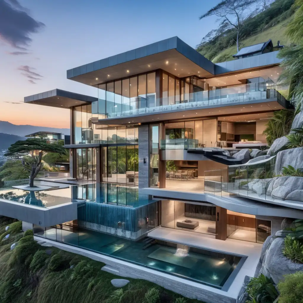 zen mansion with zen views, lots of glass and waterfalls