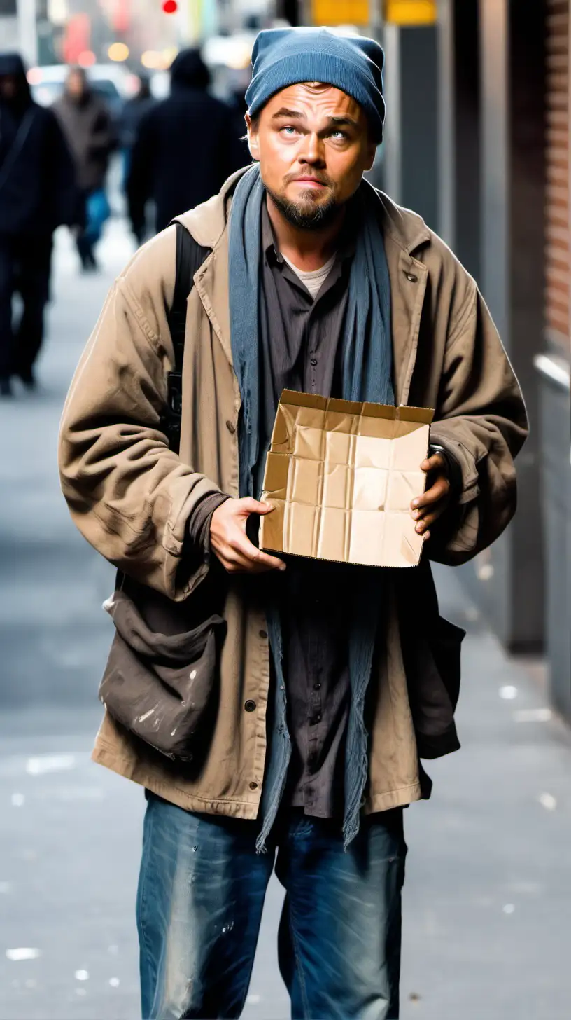 Leonardo DiCaprio dressed as a poor homeless guy standing and begging for food