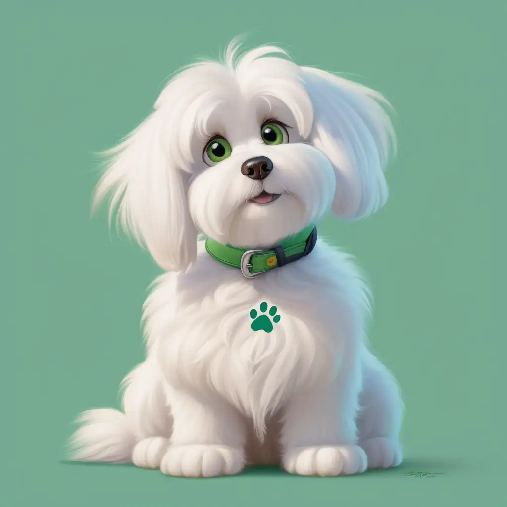 /imagine the Disney Pixar picture style of the pretty Cotton of Tulear sitting on one side, looking straight ahead, with a green background, paw imprint on background