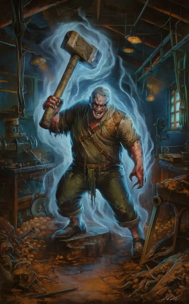  "Illustrate the spectral entity known as The Hammer, a brutish figure wielding a massive sledgehammer. Place him in a dilapidated workshop, his ghostly form wreathed in ethereal mist as he prepares to deliver a fatal blow."perfect form, perfect composure, perfect form,Studio Photography, Painted with Vibrant Oils, (Illustration)