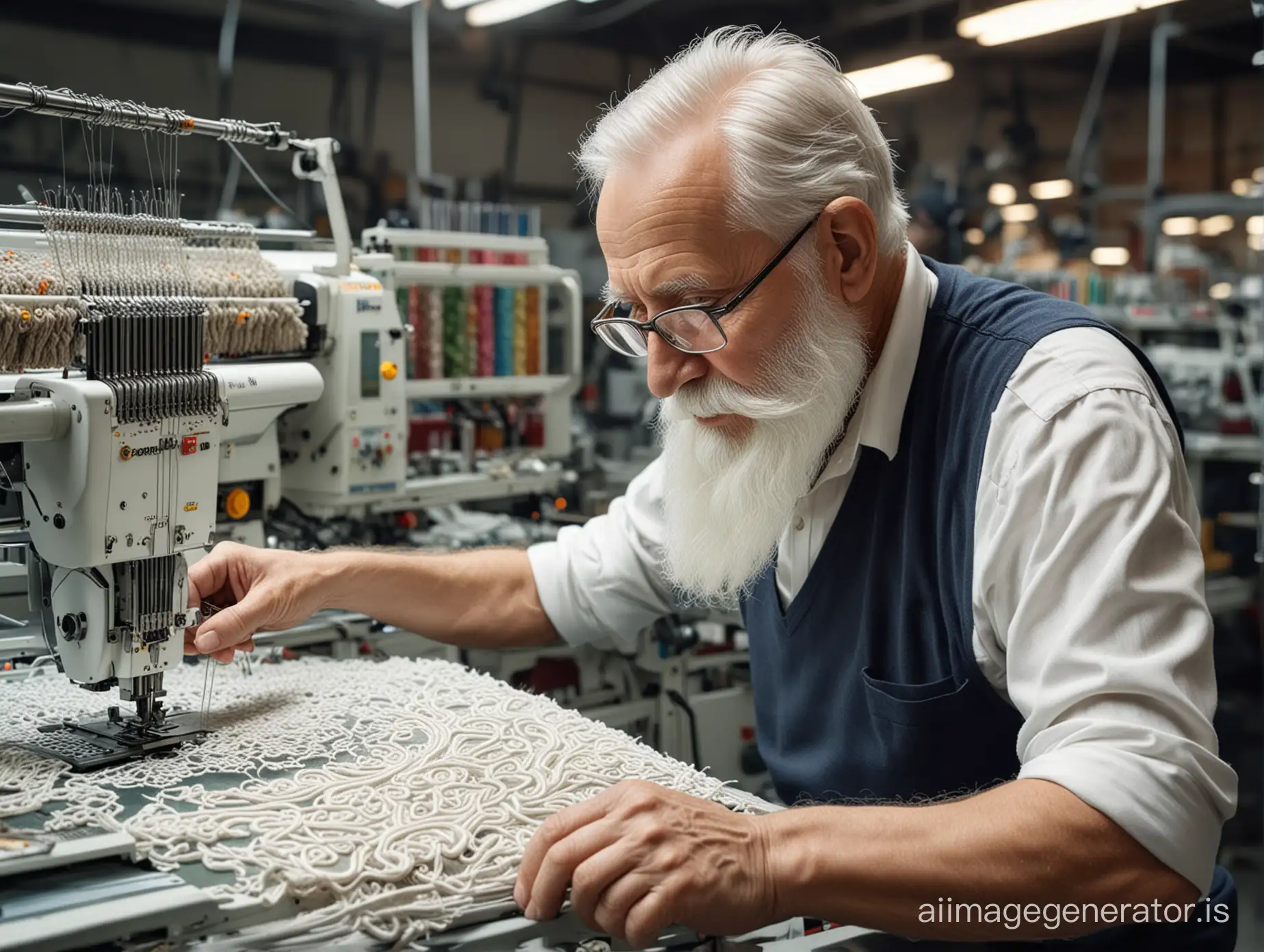 hyper realistic image of a white beard old man working with industrial digital chenille embroidery machine in factory in germany