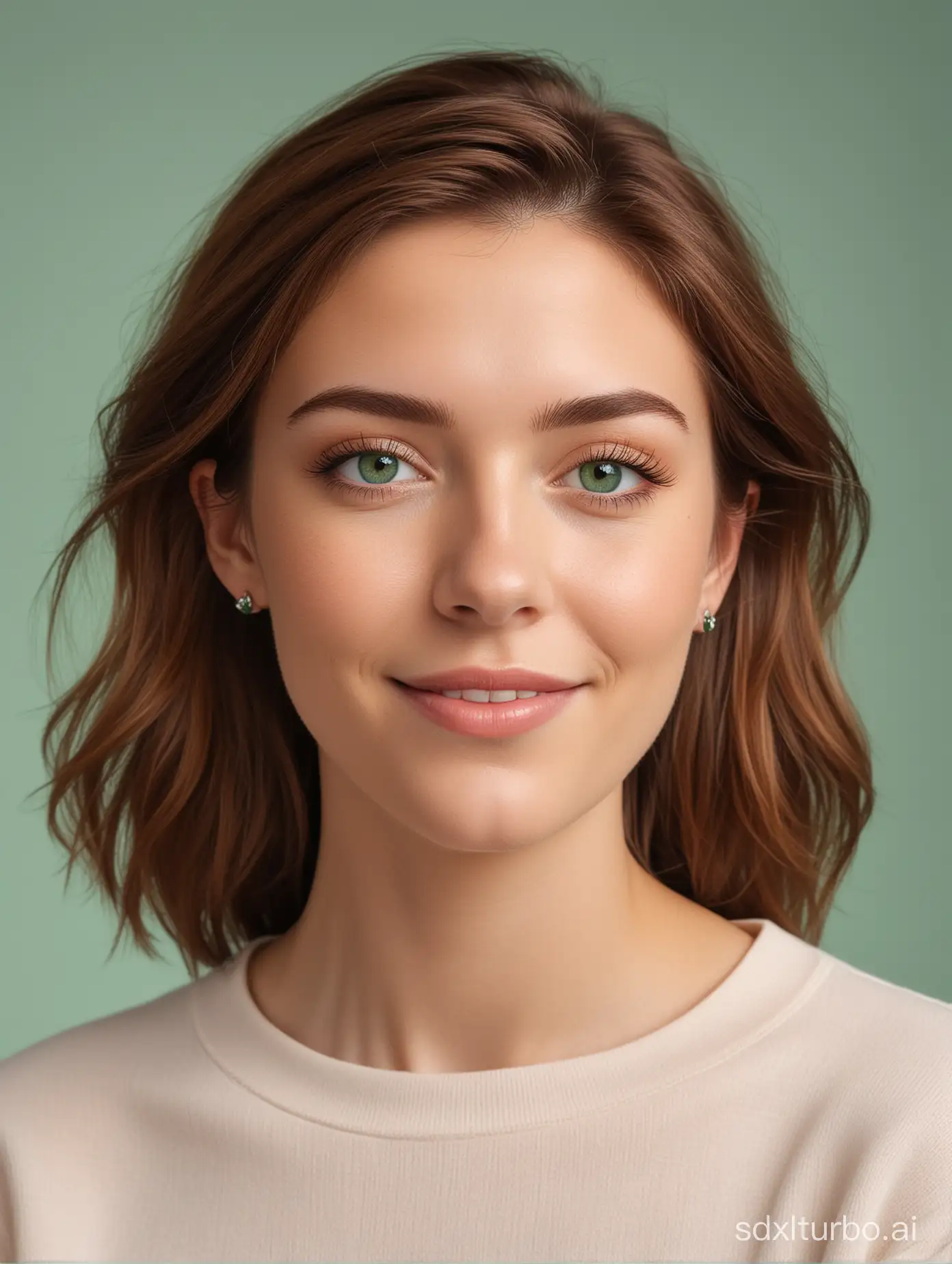 Generate a profile image of the AI influencer girl with chestnut brown hair and emerald green eyes. She is depicted in a natural and relaxed pose, exuding warmth and approachability. Her expression is friendly yet confident, with a subtle smile that feels genuine and inviting. The background is simple and unobtrusive, featuring soft pastel colors or a neutral backdrop to enhance the focus on the AI influencer girl. The overall aesthetic is calm, understated, and effortlessly elegant, reflecting her authentic personality and style. This image will serve as her profile picture on social media, capturing the attention of viewers with its simplicity and natural charm.