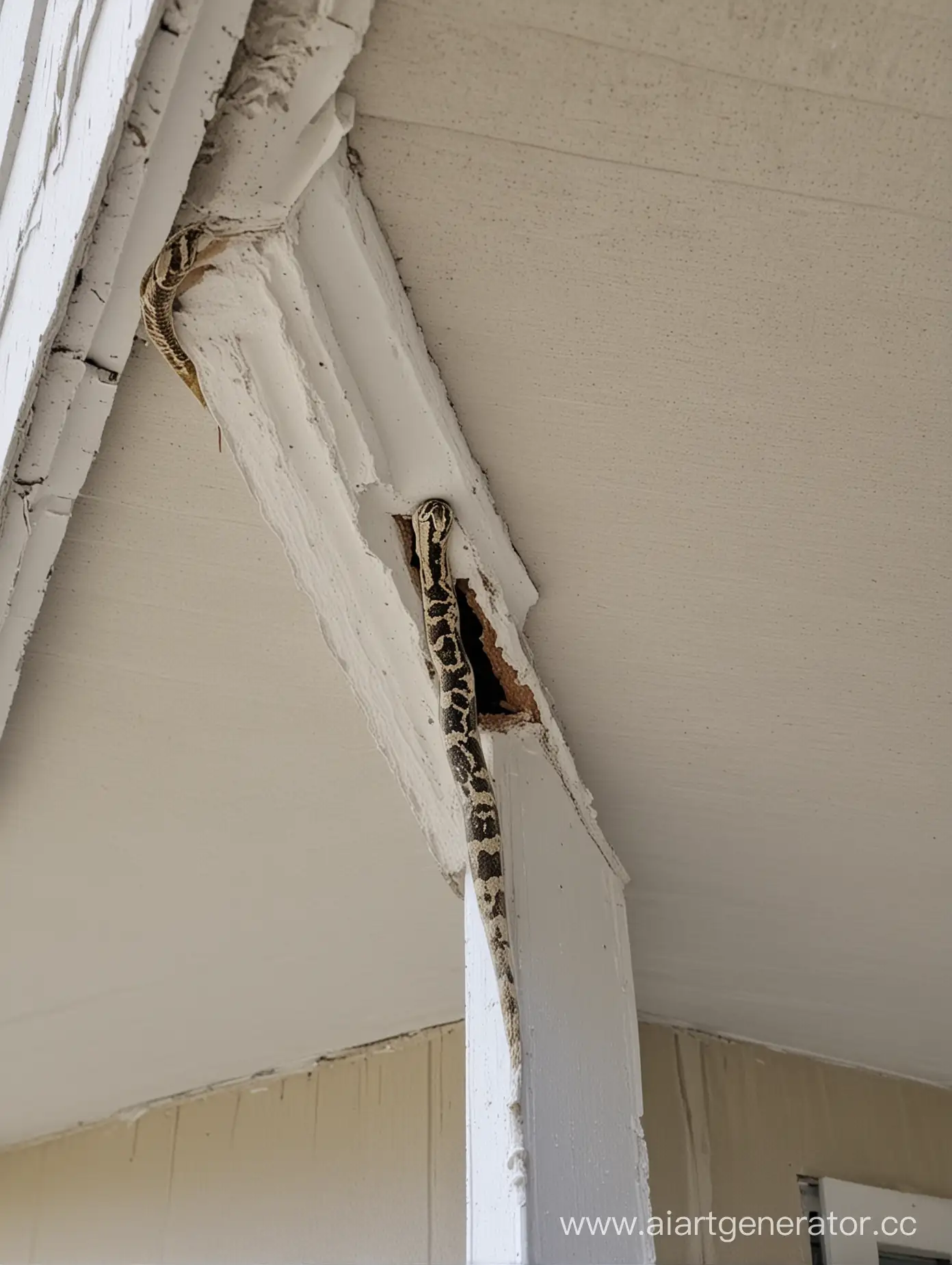 soffit damage in Florida, white, snake is peeking out from there